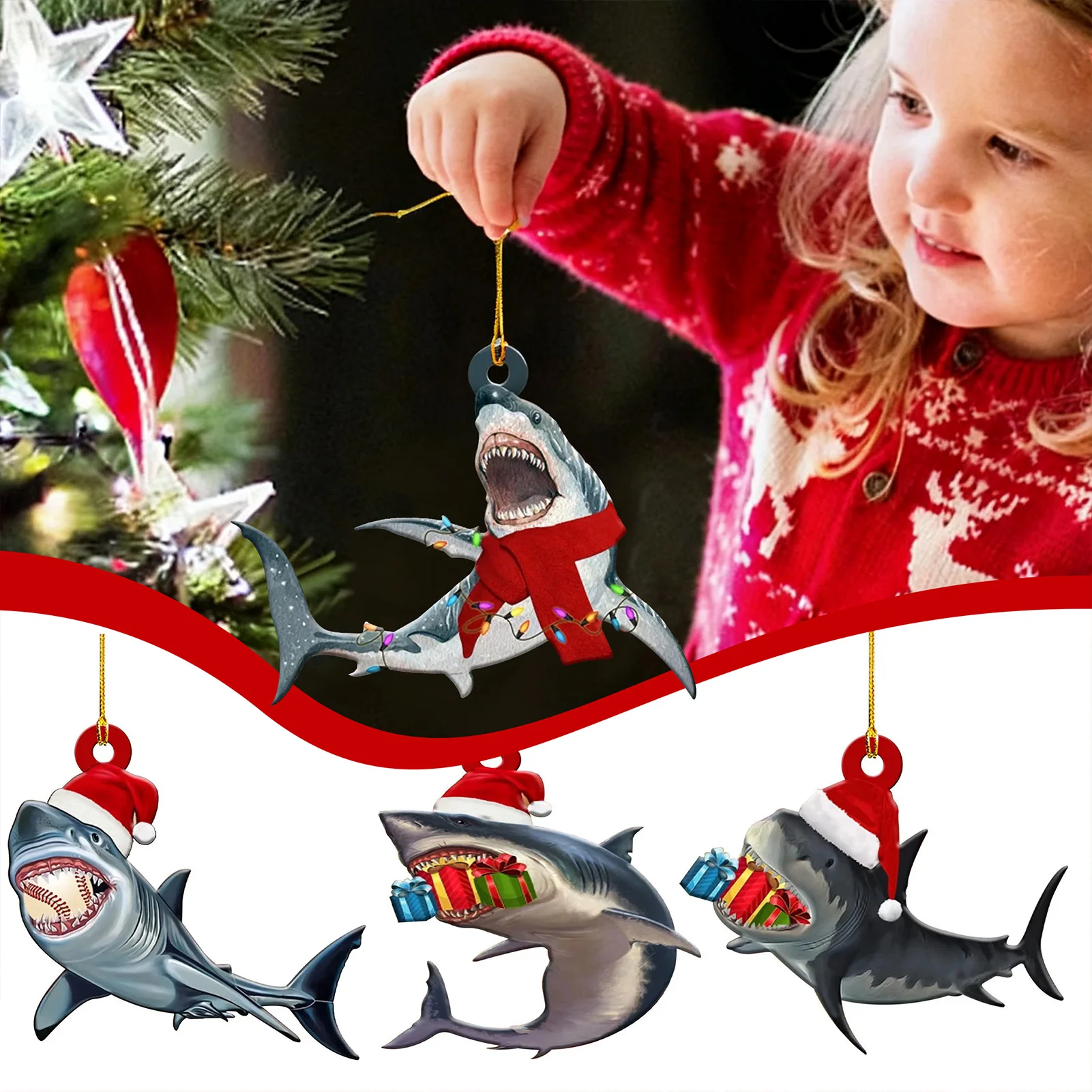 3pcs Ocean Theme Sharks Ornament Present Xmas Tree Decor 2d Flat Hanging Pendant Adds Fun Festive Ocean-Vibes For Holiday Party