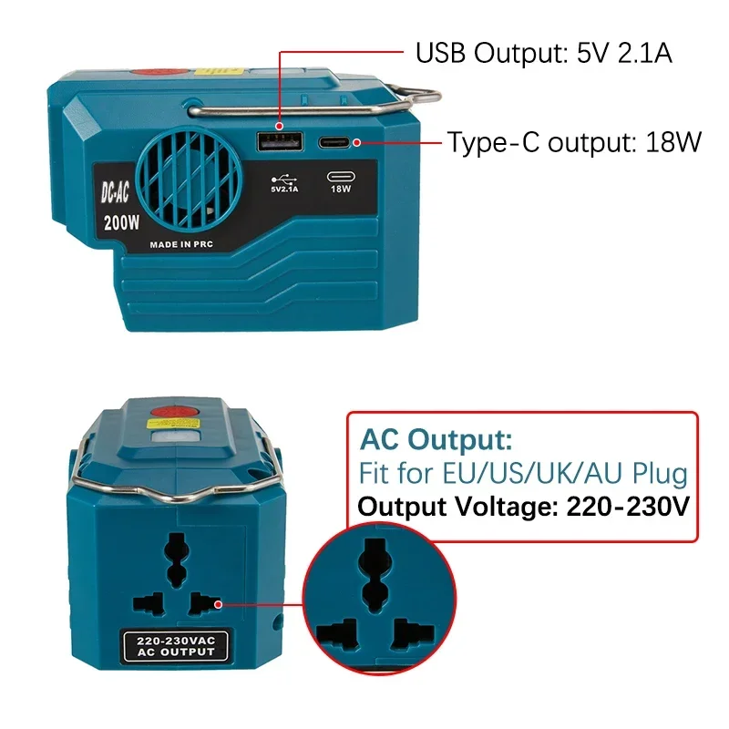 200W Power Inverter AC 220V Outdoor Mobile Lithium Battery Inverter For Makita/DeWalt/Milwaukee/Bosch 18V-20V Battery