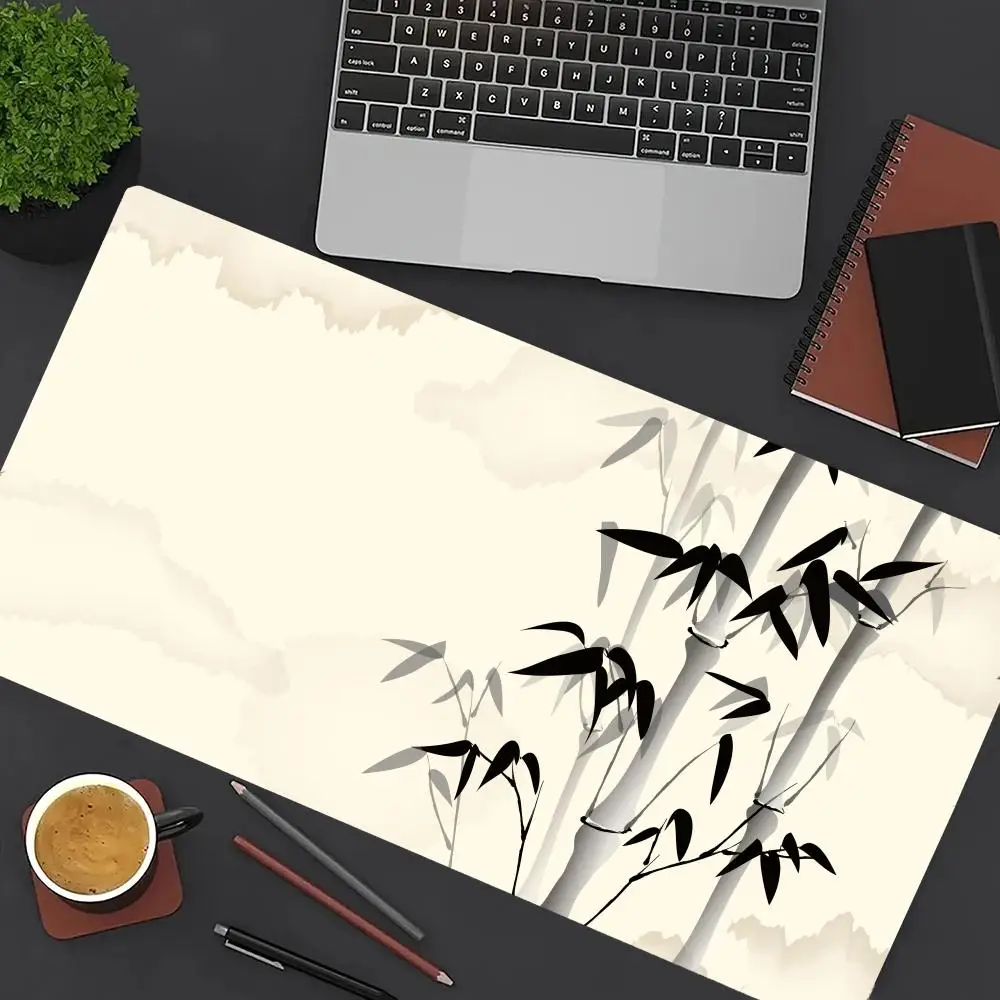 

Chinese Bamboo Art Mouse Pad Large Computer Office Game Table Mat XXL Rubber Non-slip Stitched Edge Keyboard Mats Long Desk Pads