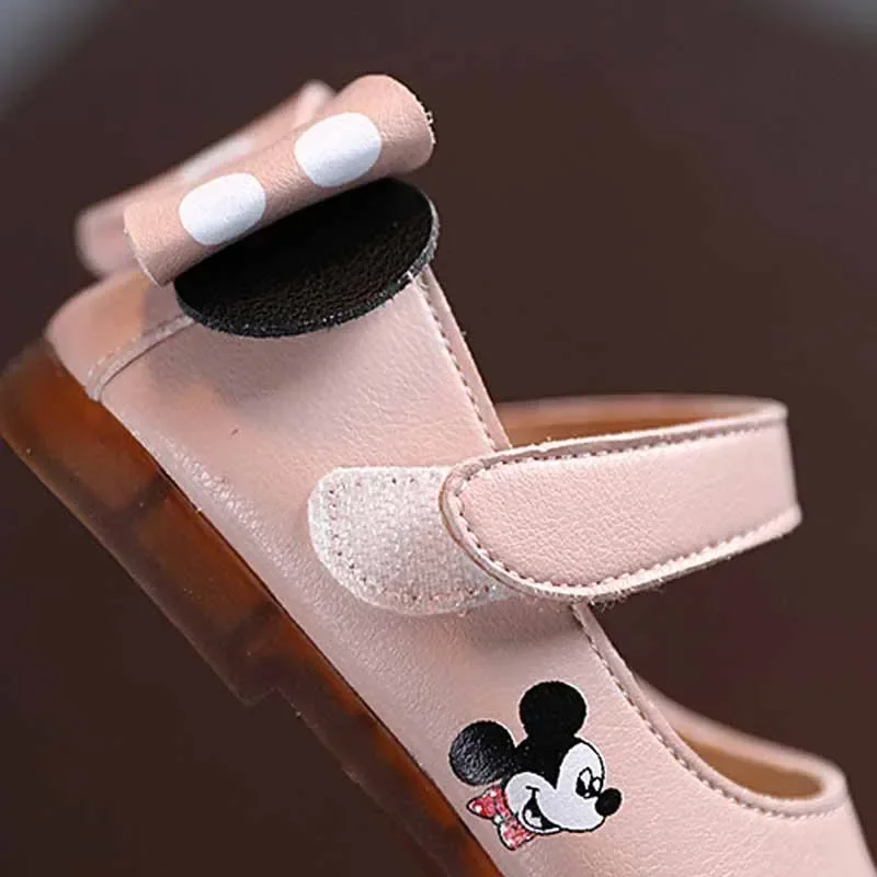 Disney Mickey Mouse Children\'s Cartoon Printed Soft Shoe Upper Small Leather Shoes Girl\'s Bow Princess Shoes Baby Walking Shoes