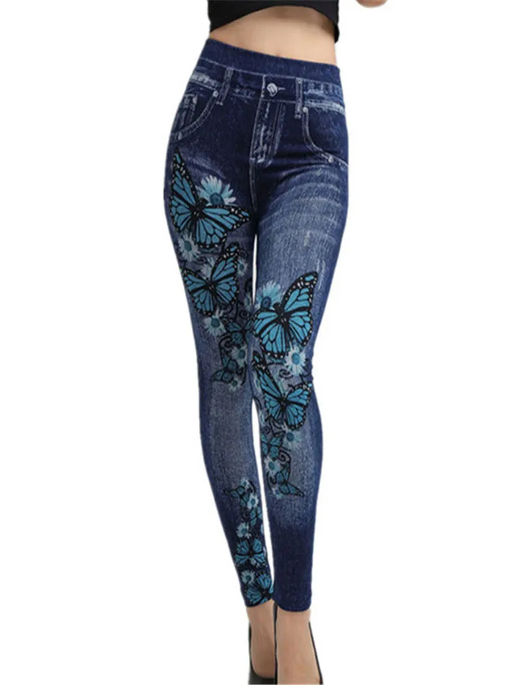 Viianles 2022 Nieuwe Disign Hot Koop Butterfly Pritned Potlood Broek Faux Denim Leggings Vrouwelijke Sexy Gym Leggins Hoge Taille Elastische