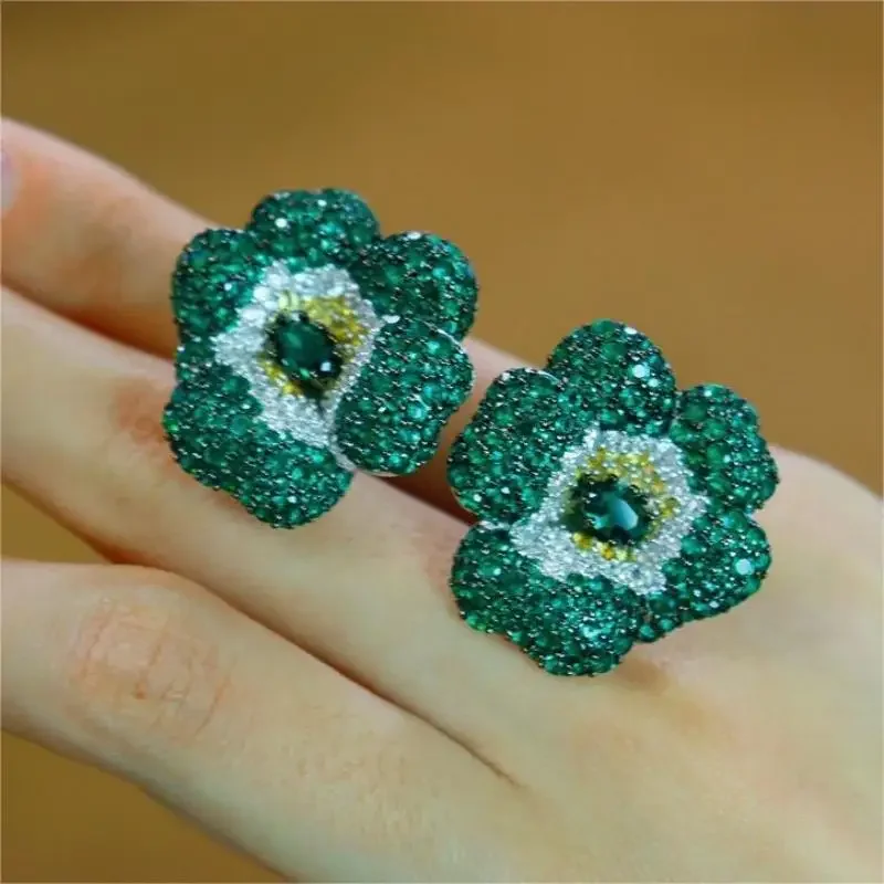 RUIF 2024 New Classic Style S925 Silver Green Blue Pink Zircon Earrings And Ring Women Jewelry Ladies Party Gift