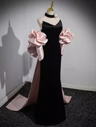 Customized Luxury Black Pink Evening Dress V Neck Bow Train Floor Length Women Wedding Party Gown Prom Occasion Dresses Pageant