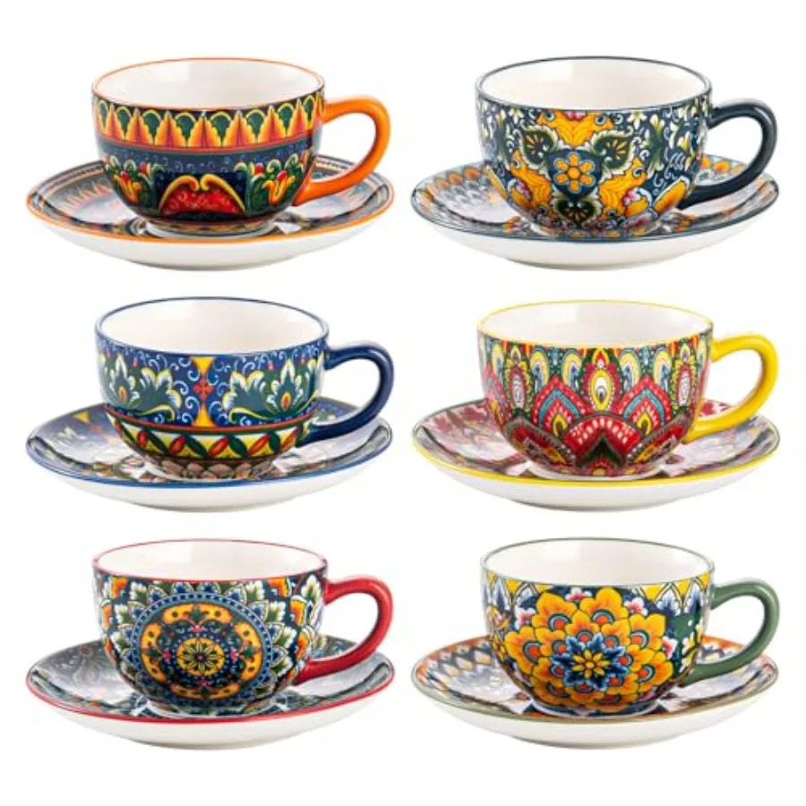 

Ceramic 8.5 oz Tea Cup Set Latte Cup with Saucers Set of 6 Boho Style Cup for Cappuccino Coffee Hot Cocoa Espresso Microwave an