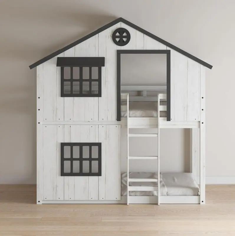 Child Craft Modern Farmhouse Twin Over Twin Etagenbett für Kinder, niedriges Montessori-Etagenbett aus Holz, leicht zugängliche Leiter auf der Oberseite