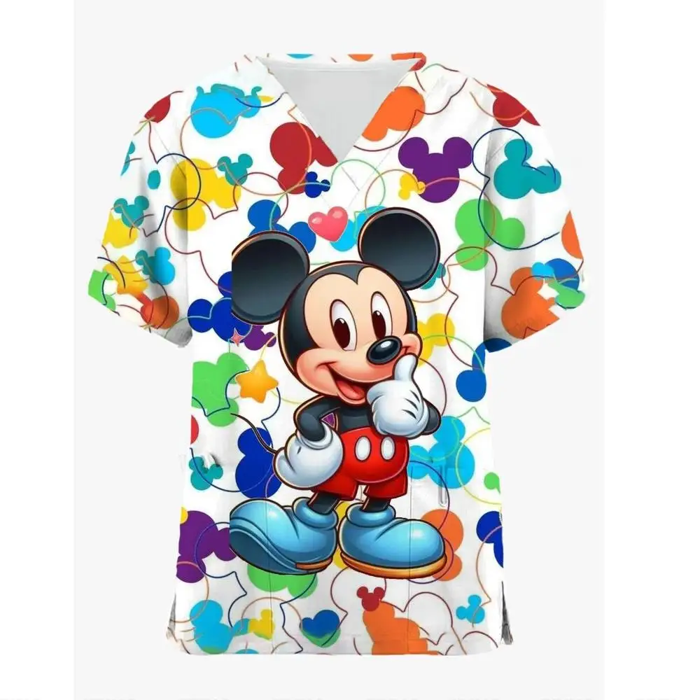 Disney Mickey Mouse Print Nurse Medical Uniforms V-neck Short Sleeve Pocket Workwear Top Scrubs Accessories Uniform