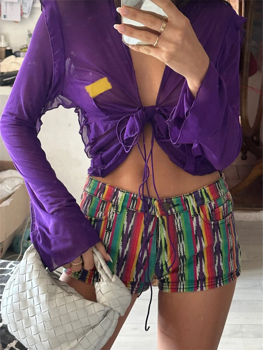 wsevypo Tie-Dye Print Ruffle Trim Tie-Up Cardigans Women Long Sleeve Shirts Spring Summer V-Neck Swimsuit Cover-Up Tops