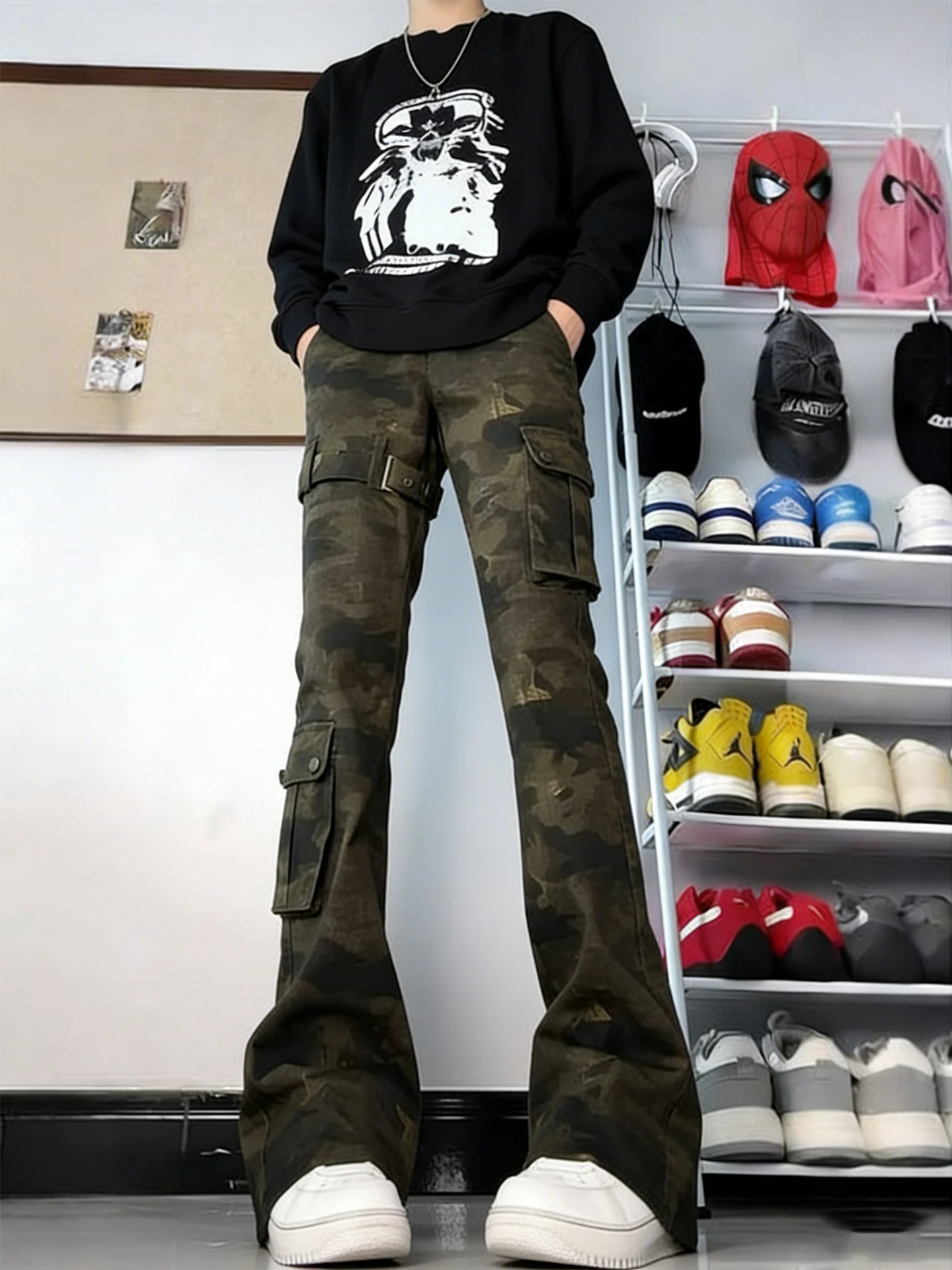 

Мужские джинсы American Vibe с высокой талией и поясом, модные уличные брюки в стиле рабочей одежды, облегающие, слегка расклешенные, повседневные джинсы