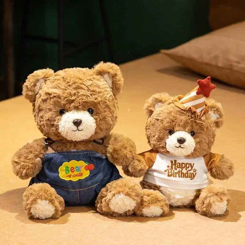 

Hot Sale Bear with Birthday Hat Plush Toys Stuffed Animal Sweater Straps Bear Wedding Gifts Girl Kids Toy Birthday Gifts