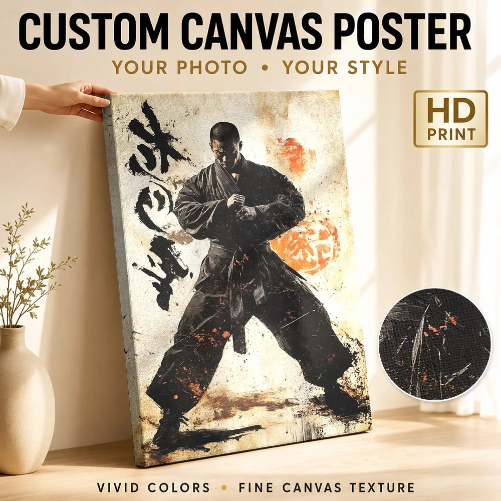 Martial Arts Master In Action Pose Framed Canvas Poster Customized Photo Japanese Ink Wall Art for Bedroom Decor Ready to Hang