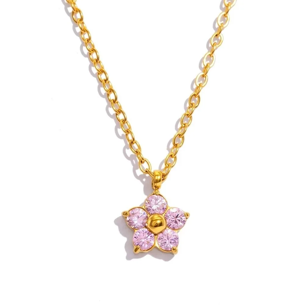 Hypoallergenic Blossom Pendant Necklace 18K Gold Plated 304 Stainless Steel CZ Pendant Necklace Multicolour Cubic Zirconia