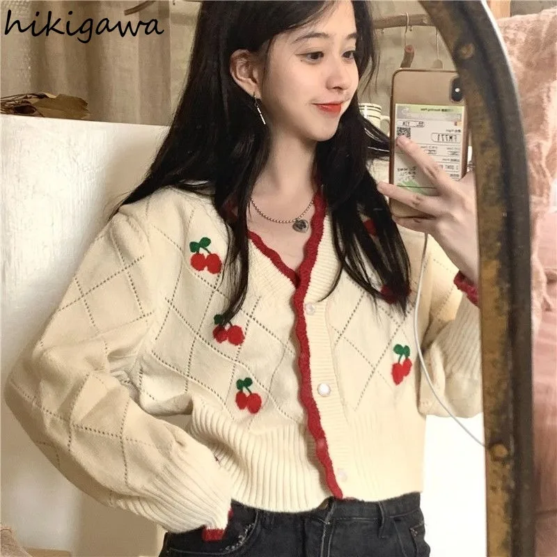 Cropped Cardigan Jackets Women Clothing Sueter Mujer V-neck Cherry Vintage Knitted Sweet Sweater Tops Chic Korean Pull Femme