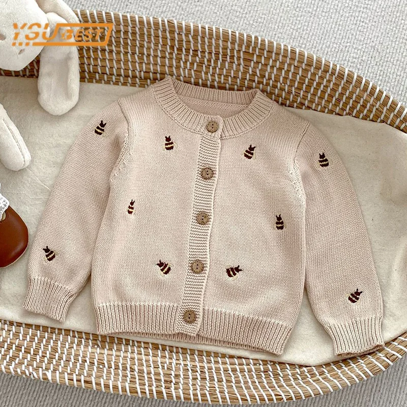 Infant Baby Girls Bee Embroidery Knitted Cardigan Coat Spring Autumn Newborn Kids Baby Girls Long Sleeves Cardigan Coat 0-3Yrs