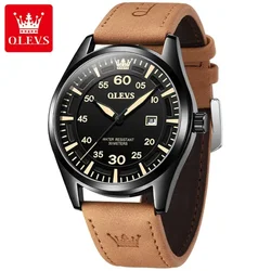 OLEVS-reloj deportivo de cuarzo para hombre, cronógrafo de cuero, resistente al agua, calendario luminoso, esfera grande de 43MM