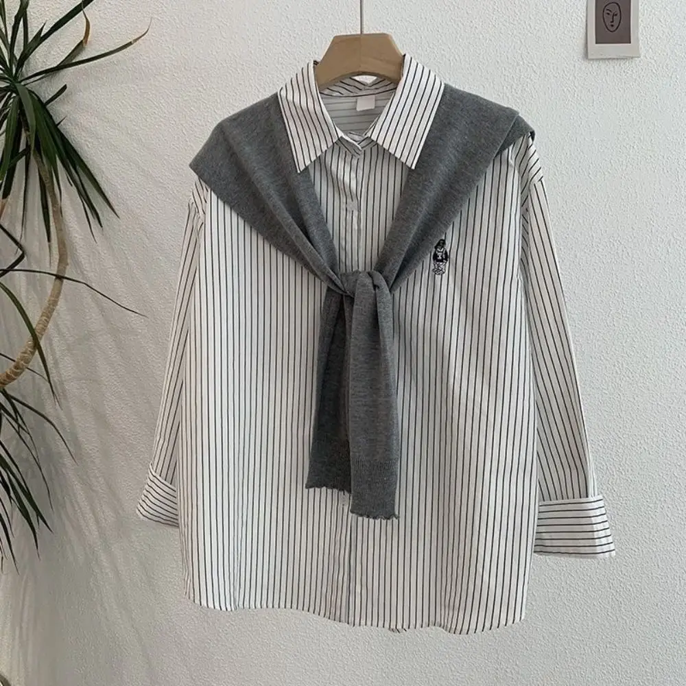 

Korean Y2K Striped Shirts Women Embroidery Bear Preppy Style Two Pieces Shirts Set Loose Button Up Knitted Shawl Shirts Female