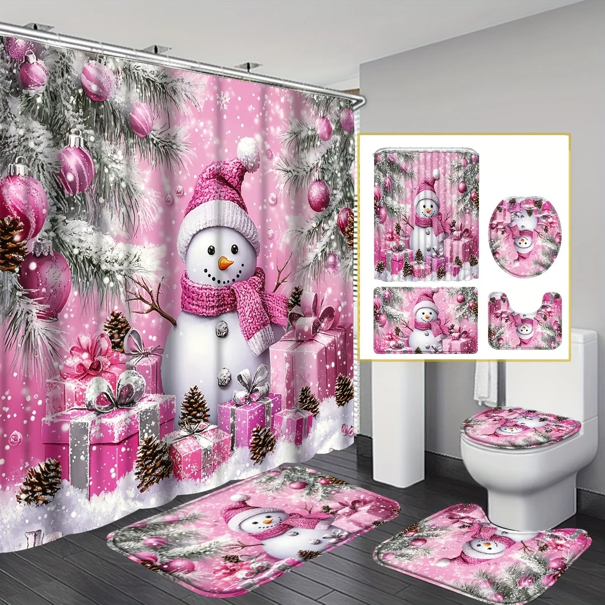 4Pcs Pink Snowman Theme Bath Set, Shower Curtain, Toilet Cover, Bath Mat, 12 Plastic Hooks Included