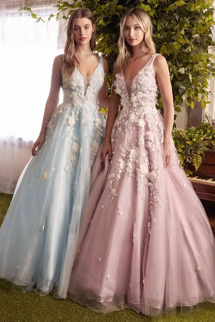 Robe de soirée en tulle bleu et rose avec paillettes, appliques en dentelle florale ivoire, col en V, longueur au sol, fermeture éclair, Rhde fin d'année