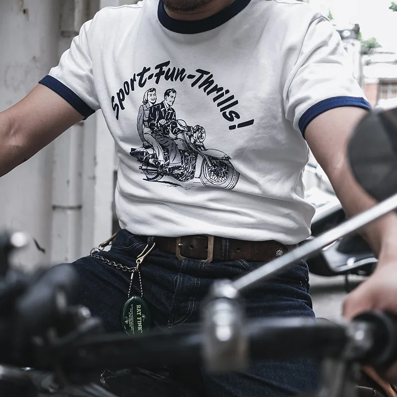 

Thiened American Retro Men's Motorcycle Print T-irt ort Sve Cotton Heavyweight 265g Moto Casual Summer Tee