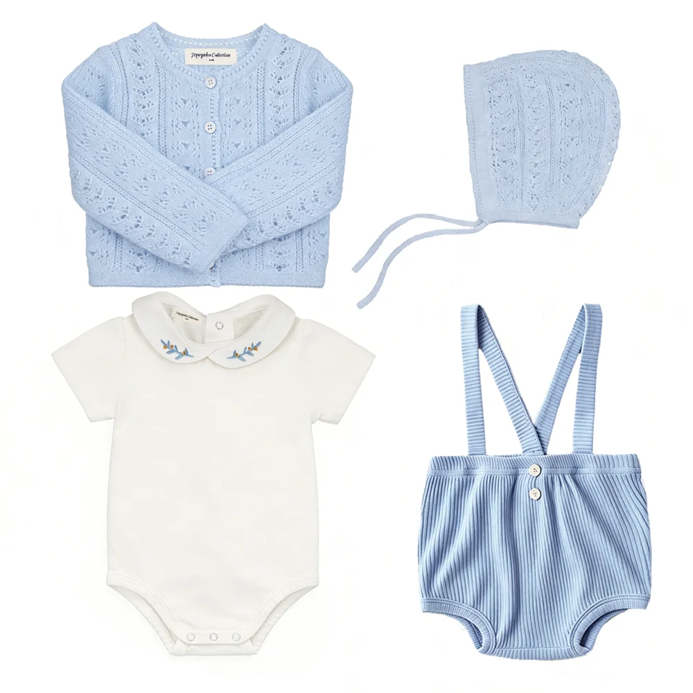 Cute Infant Clothing Set Cotton White Baby Bodysuit Suspender Shorts Spring Knitted Cardigan Toddler Clothing