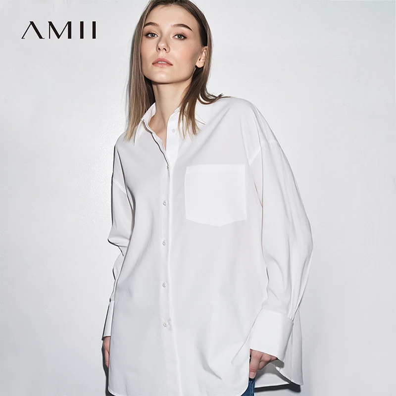 

Женская рубашка Amii, весна 2026, новая простая рубашка с заниженными плечами и лацканами, женские свободные длинные хлопковые топы 12611013