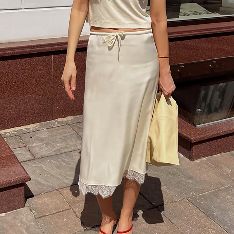 

Ticketsx Solid Lace Lace Up High Waist Patchwork Skirt Lace Border Skirt Women Fashion Summer Female Lady Elegant Casual Skirts