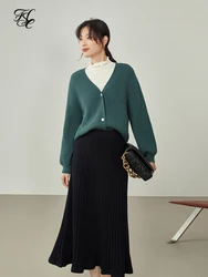 FSLE Women's Winter Straight Temperament All-match White Pleated Skirt Women Coffee A-line Dress Black Knit Thick Skirts