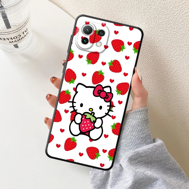 حافظة لهاتف Xiaomi Mi 11 12 13 Lite 10T 11T 12T Pro 12X 13 14 15 Pro غطاء هاتف ناعم أسود سانريو فراولة كيتي