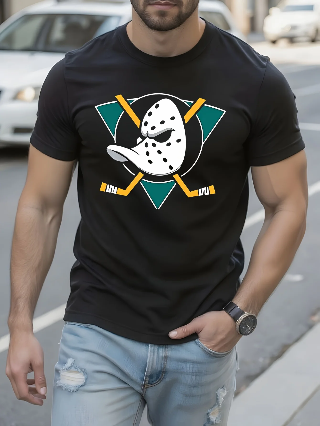 

Футболка с логотипом ANAHEIM DUCK, эстетичная одежда, летняя одежда, мужская футболка с рисунком # цвет: Черный, размер: S
