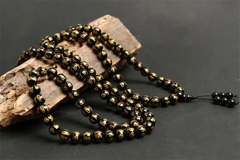 Natural Obsidian Six Words Bronzing 108 Beads Bracelet Fashion Jewelry With Many Layers Stretch Bracelets&Bangle For Men Women