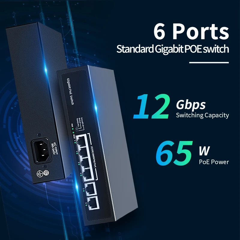 Goodtop 6 Port Gigabit POE Switch 100/1000Mbps Active POE Network Switch 60W for IP Camera,NVR,Surveillance,CCTV,POE Camera