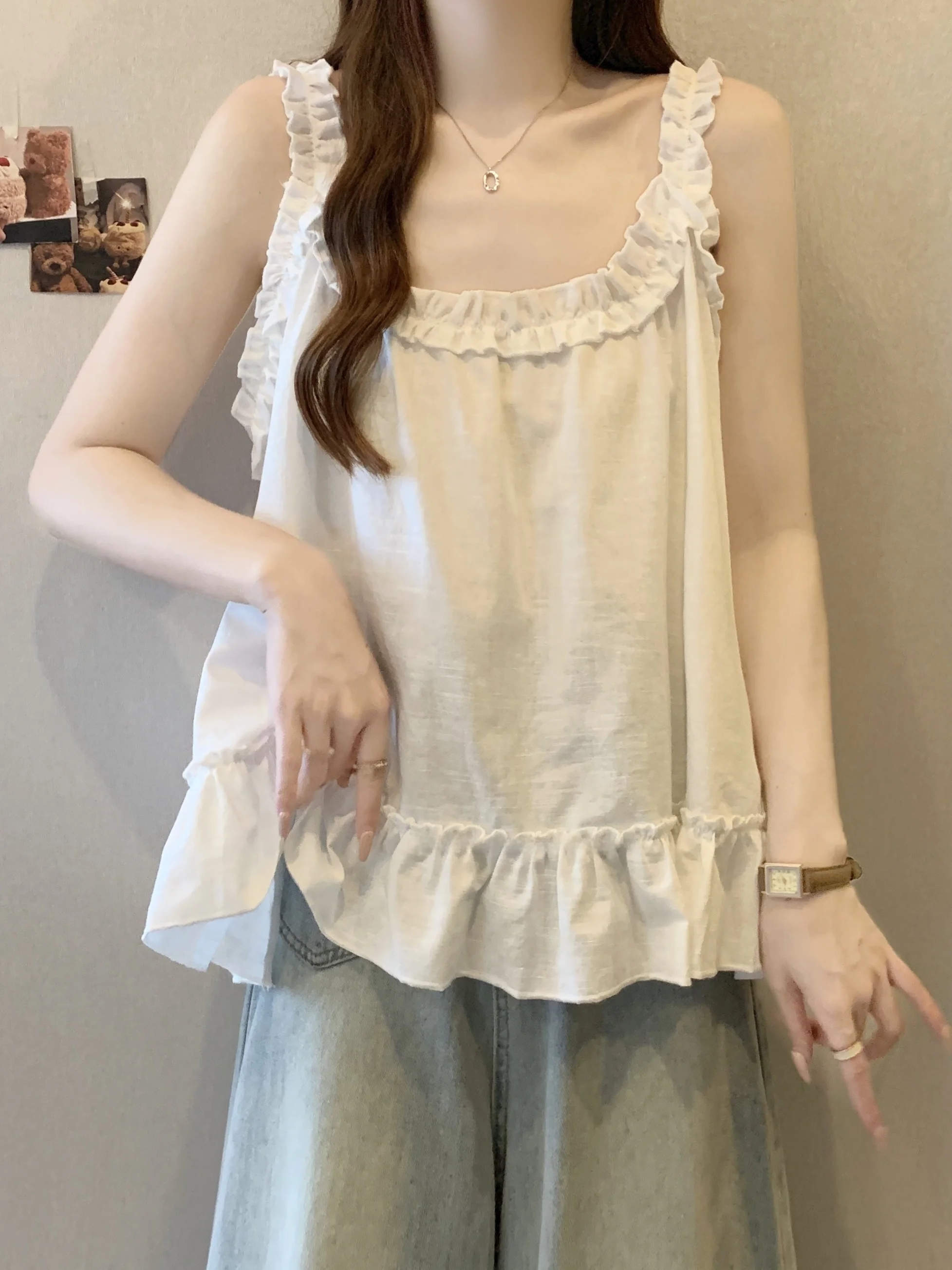 

plus Size Summer New Pure Desire Sle Dstring Loose Meat Concealing Svel Strap Trendy Vest Women's Faion Top