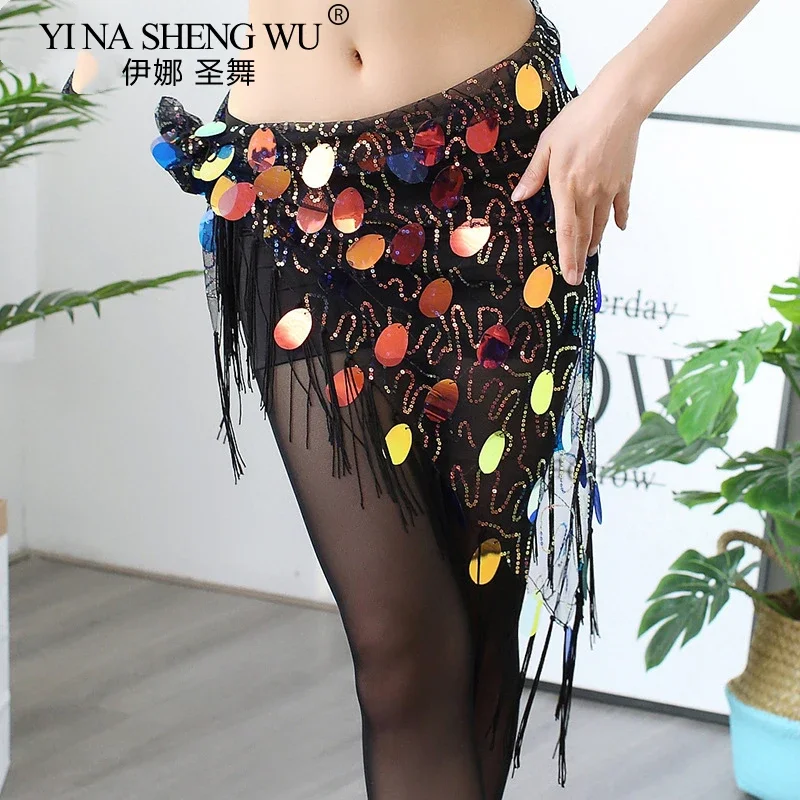 Triângulo de dança do ventre com lantejoulas redondas saia dança do ventre longo borla hip cachecol feminino acessórios de dança cinto de dança
