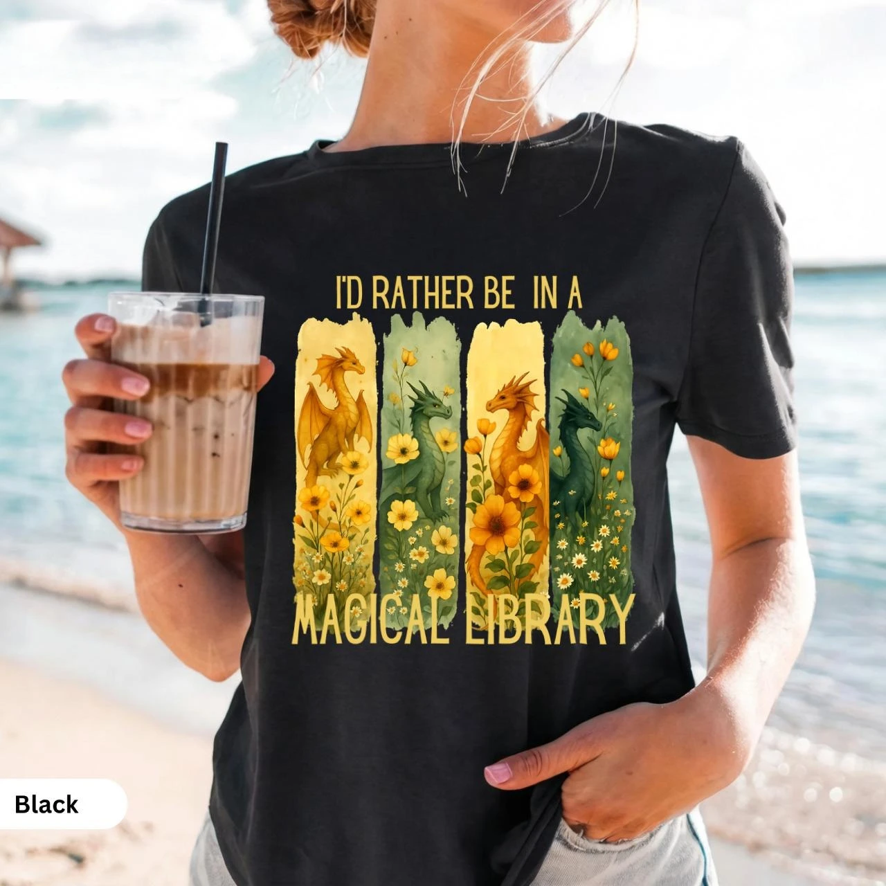 Dragon Patterned T-shirt, Magic Library Themed T-shirt, Gift for Book Lovers, Fashionable Streetwear for Women