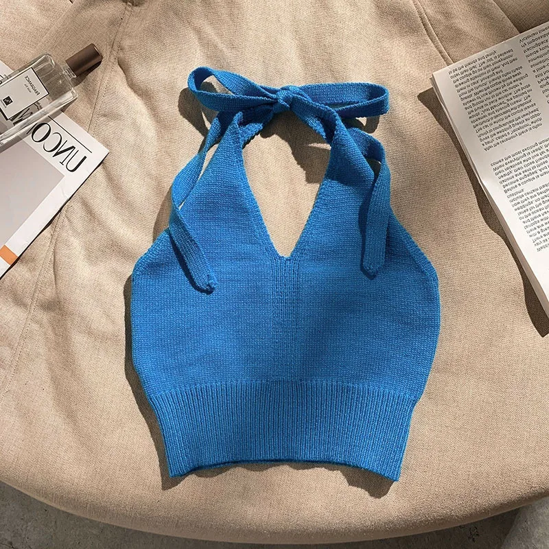 Korean fashion clothes baby girls halter tank top knitted vest camisole hanging neck backless toddler kids clothing 1 to 10 yrs