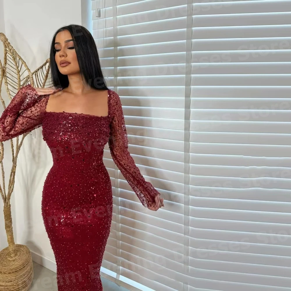 فساتين سهرة نسائية فاخرة حورية البحر بأكمام طويلة مطرزة حسب الطلب فساتين حفلات من Vestidos Para Mujer برقبة مربعة رداء De Soirée #3