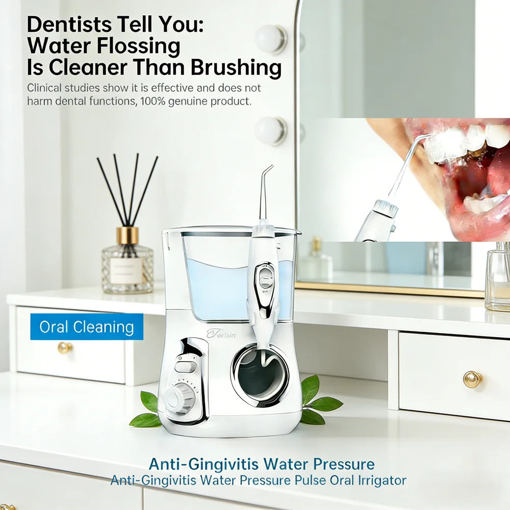 

Countertop Electric Oral Irrigator Water Flosser 800ML 10 Custom Modes 5 Tips Portable Family Oral Care Device