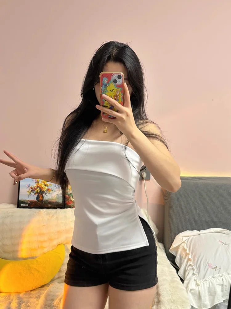 

Sexy one shoulder lapel design, strapless style, spicy girl, backless style, slimming European and American split top