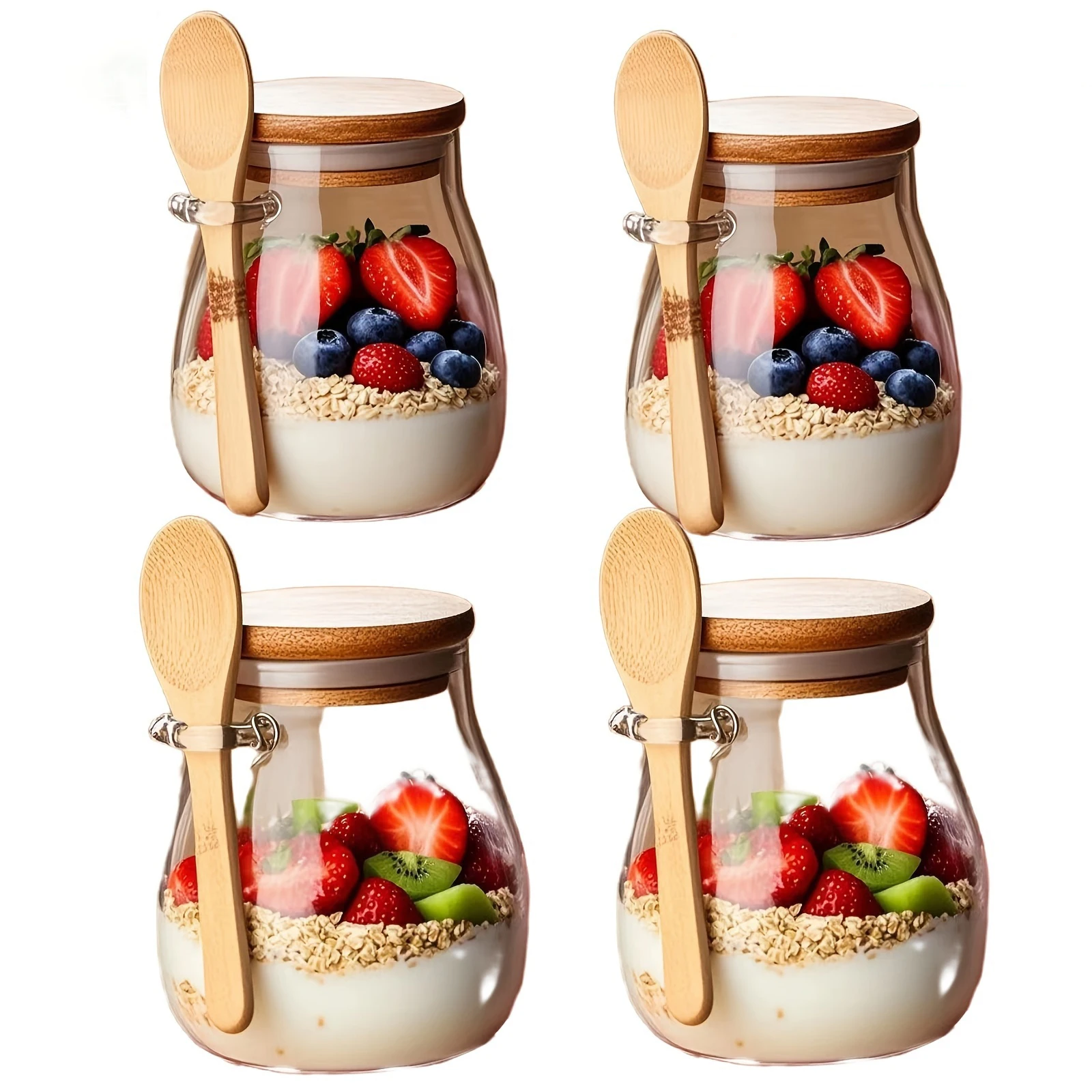 350 مللي كوب زجاجي مع غطاء وملاعق كوب الشوفان الزجاجي المطبخ الزجاج تخزين جرة للمطبخ الشوفان الحليب القهوة سلطة الفاكهة
