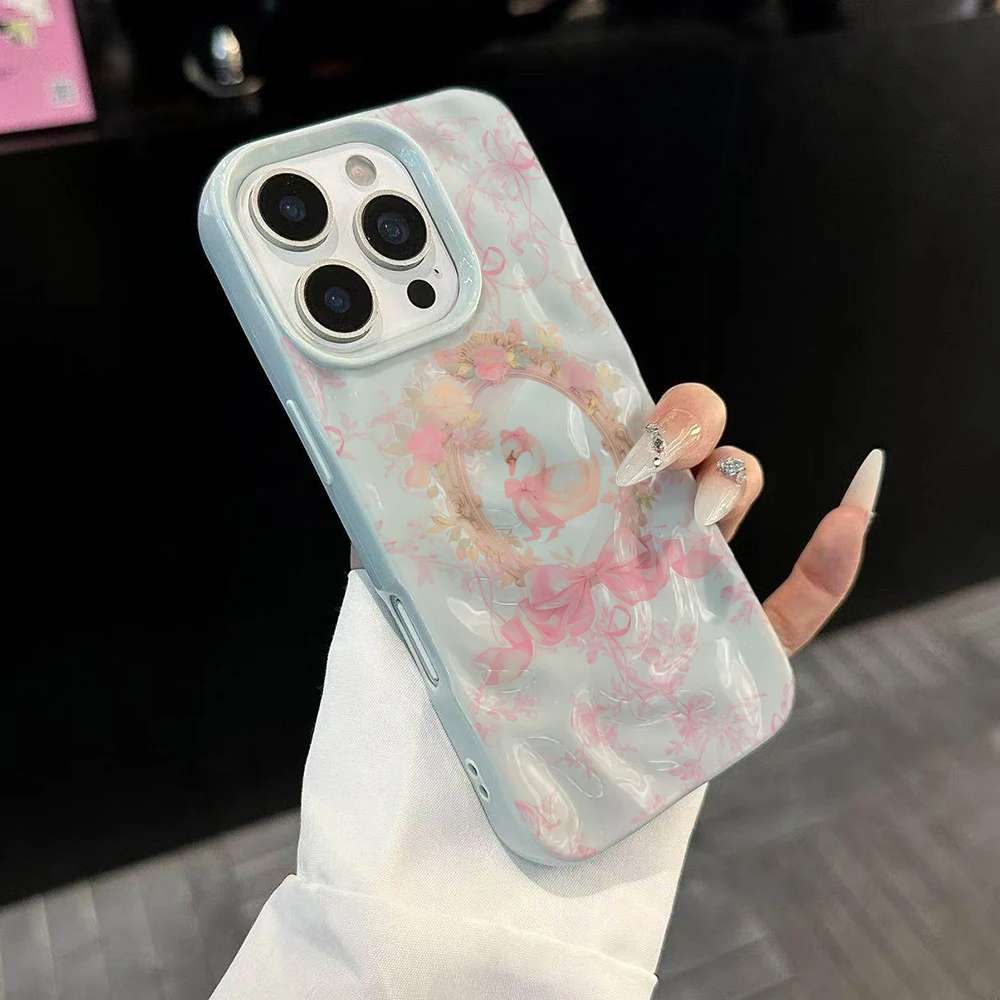 Koreanisches Mädchen Niedliches Schwanenmuster Handyhülle für iPhone 17 16 15 14 13 12 11 Pro Max 14 Plus 17Air Falten-Wellen Weiche Silikonhülle – Detail 2