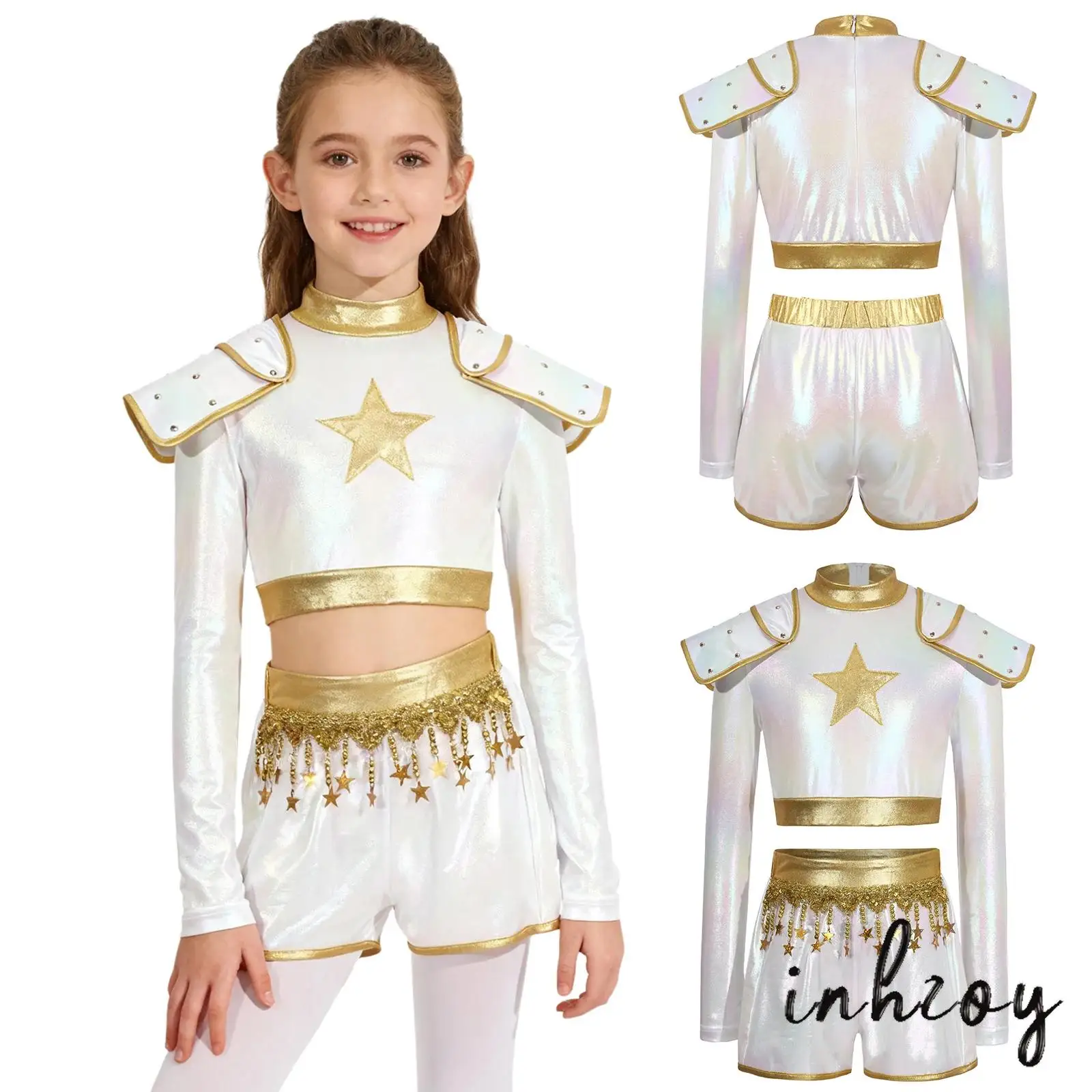 

Girls Singer Role Play Outfit Set Metallic Gloss Mock Neck Sleeveless Crop Top And Shorts for Music Festival Carnival Halloween