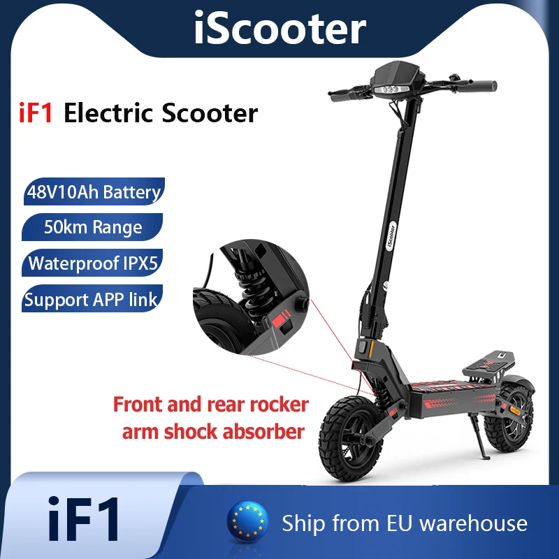 IScooter IF1 Elektryczny Skuter dla Dorosłych, Elektryczny Skuter z Baterią 48V 10Ah, Zasięg 45KM, Wysoka Prędkość, Połączenie z Aplikacją, Przedni i Tylny Wahacz, Amortyzator, Opona Bezdętkowa