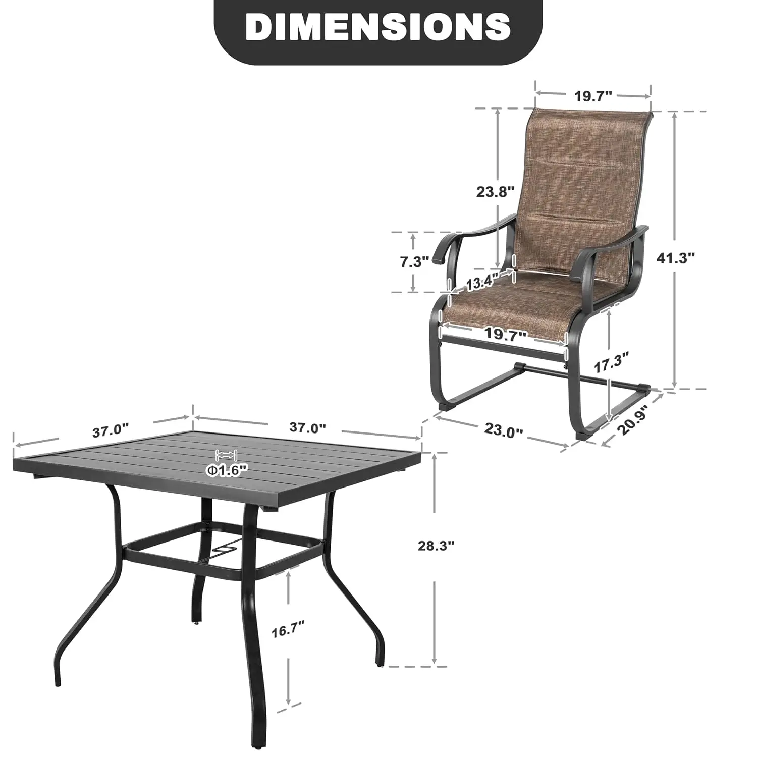 5 Piece Outdoor Dining Set, 4 Padded Textilene Patio Chairs & 37