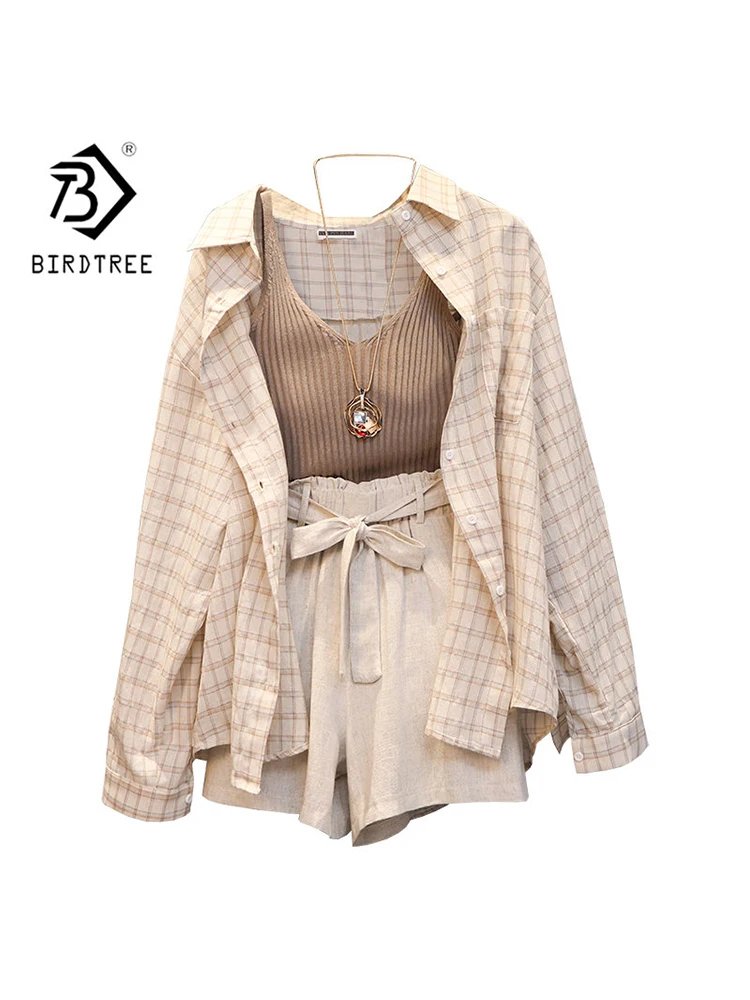 Summer Women Three Piece Sets Casual Linen Plaid Long Sleeve Tops + Elastic Waist Belt Wide Leg Shorts Vest Suits S26801J