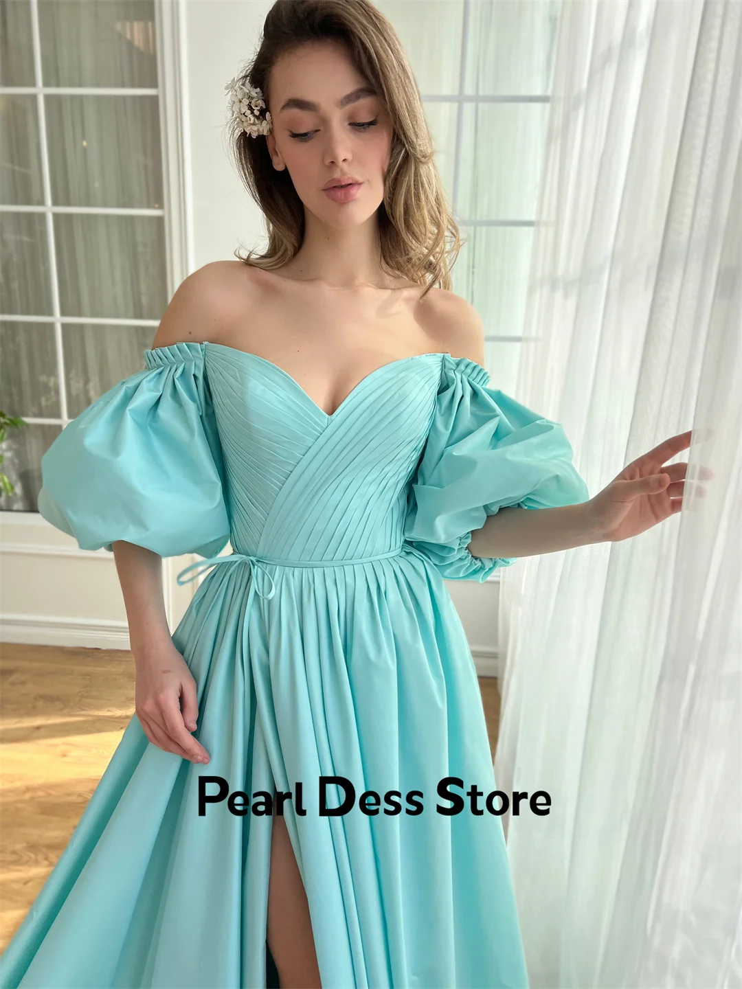 2024 New Sweetheart Bubble Sleeves Satin A-Line Floor to Floor Dress Customized Evening Ball Evening Dress