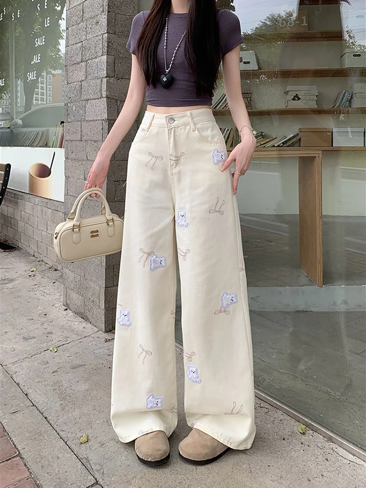 Women Retro Bow Y2K Korean Style Fashion Denim Pants Loose 2025 Sweet Girl Wind Embroidered Bear Pattern Jeans