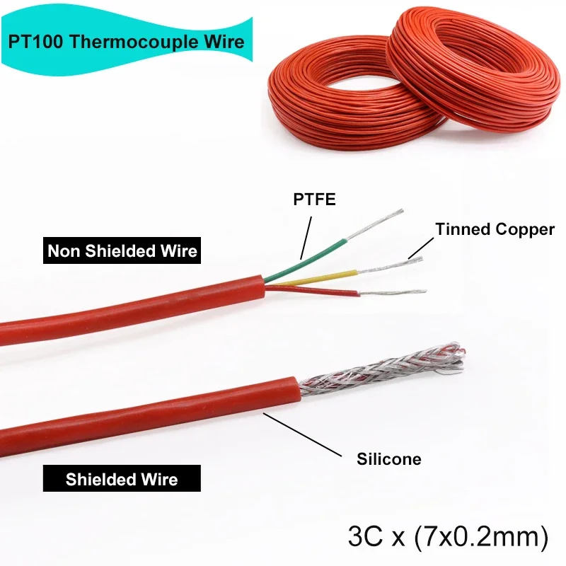 

1/5/10m Red PT100 Thermocouple Wire 3 Cores Silicone PTFE Insulated Tinned Copper Stainless Steel Shielded Compensation Cable