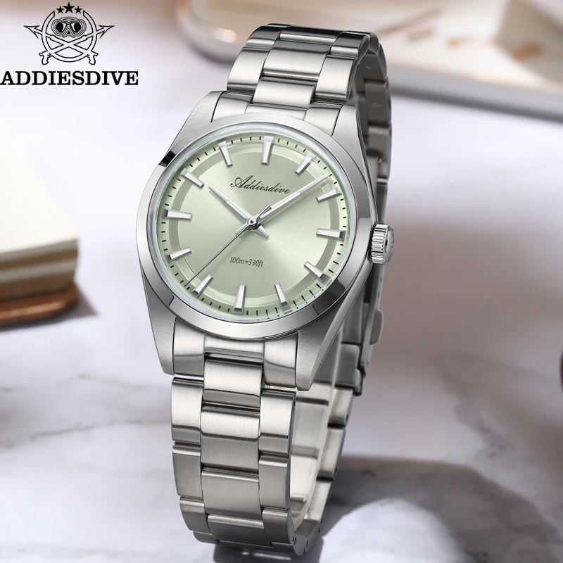 ADDIESDIVE Luxury Watch Stainless Steel 100M Waterproof BGW9 Luminous Quartz Watches Bubble Mirror Glass AD2066 Men's Wristwatch