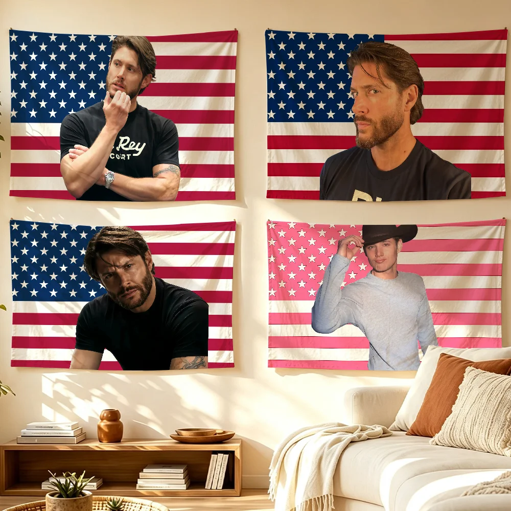 Actor J-Jensen A-Ackles American flag Room Decoration Wall Tapestry Hanging Aesthetic Bedrooms Advertising Banner