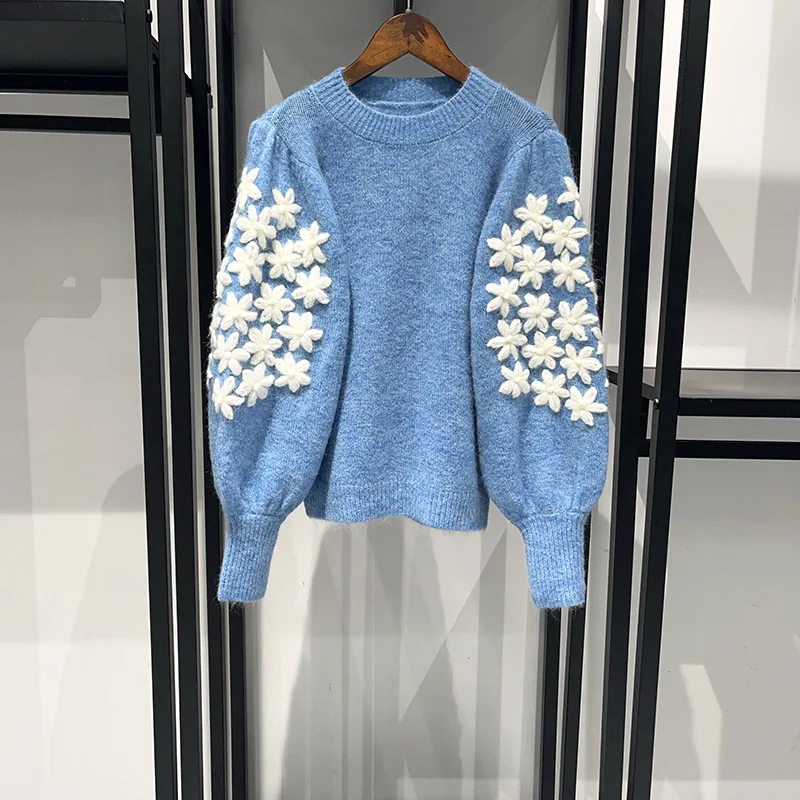 【Gift Free】2025 Autumn Winter Fashion 3D Floral Crochet Puff Sleeve Solid Color Round-Neck Pullover Knit Sweater for Women