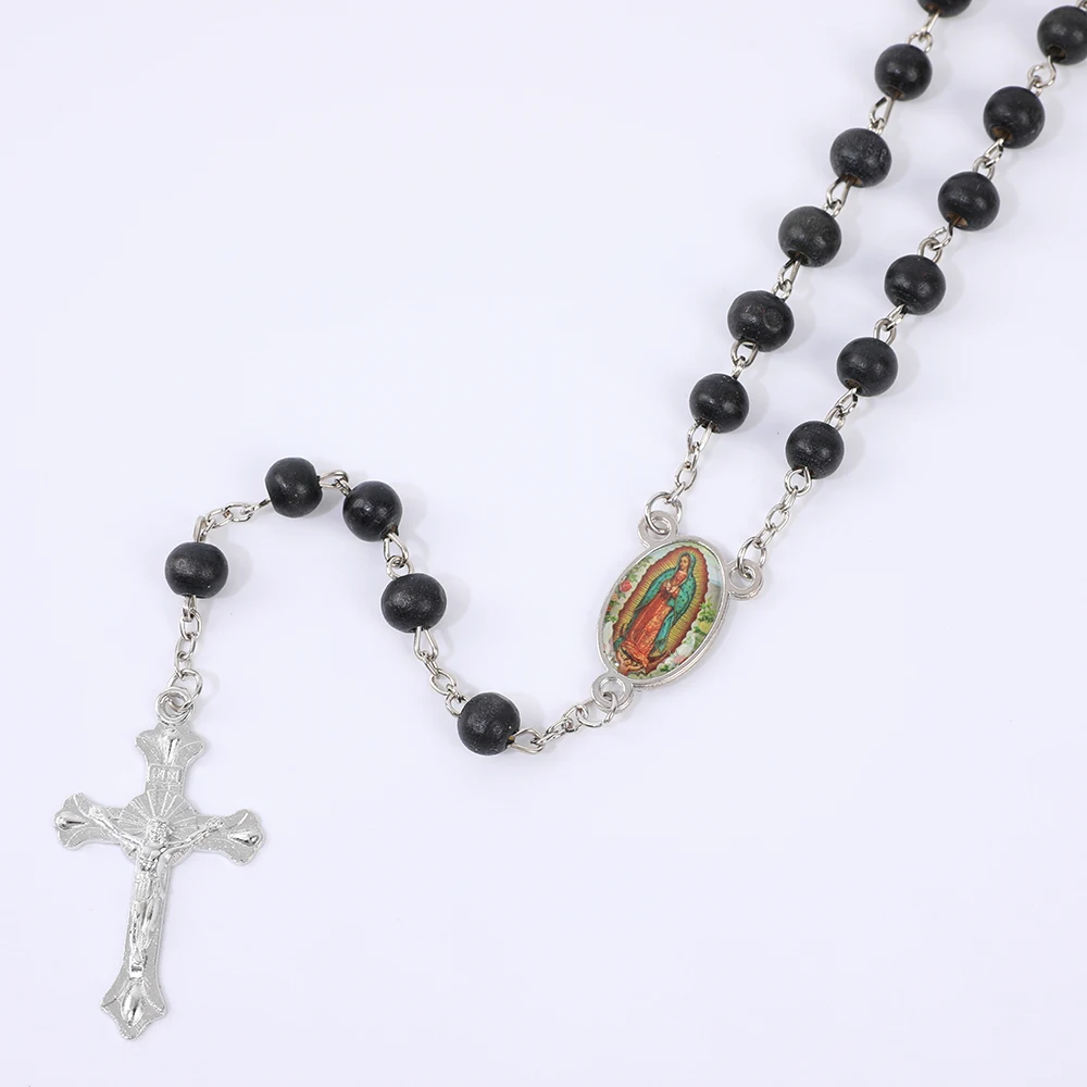 Blaue Rosenkranzkette für Damen und Herren, 6 mm, aus Holz, lange Kette, religiöser Anhänger mit der Jungfrau Maria und einem Kreuz, Herrenschmuck für Partys, Geschenk. – Detail 14